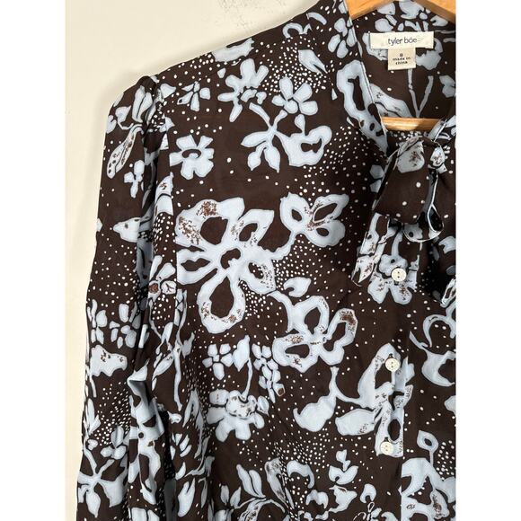Tyler Boe Size 8 Button Up Brown Blue Floral Womens 100% Silk Blouse - Picture 3 of 11